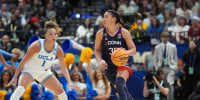 College Basketball: NCAA Final Four: UConn Azzi Fudd (35) in action, dribbles vs UCLA at Amalie Arena. 
Tampa, FL 4/4/2025
CREDIT: Erick W. Rasco (Photo by Erick W. Rasco/Sports Illustrated via Getty Images) 
(Set Number: X164707 TK2)