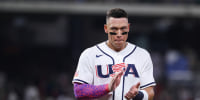 Mar 9, 2026; Houston, TX, United States; United States outfielder Aaron Judge (99) reacts in the middle of the fourth inning against Mexico at Daikin Park. Mandatory Credit: Troy Taormina-Imagn Images
