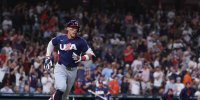 Mar 13, 2026; Houston, TX, United States; United States right fielder Aaron Judge (99) runs after hitting a double during the first inning against Canada during a quarterfinal game of the 2026 World Baseball Classic at Daikin Park. Mandatory Credit: Troy Taormina-Imagn Images