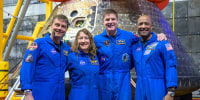 NASA astronauts Reid Wiseman, commander; left, Christina Koch, mission specialist; CSA (Canadian Space Agency) astronaut Jeremy Hansen, mission specialist; and NASA astronaut Victor Glover.