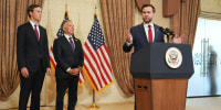 JD Vance speaks during a news conference, as US President Donald Trump's son-in-law Jared Kushner and US Special Envoy to the Middle East Steve Witkoff watch, in Islamabad on April 12.