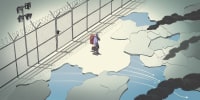 Drawn illustration of an Iranian being released from detention with a metal, barbed wire fence behind him, and walking over broken and smoking ground.