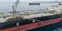 The Greek-flagged crude oil tanker "Asahi Princess" is made ready at the Syrian Baniyas port refinery on the coast of the Mediterranean Sea on April 15.