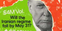 Photo illustration showing Donald Trump, a map of the Strait of Hormuz, "Will the Iranian regime fall by May 31?" text from a Polymarket bet.