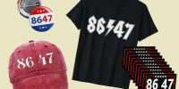 Several 8647 items for sale on the internet, including: a hat, pin, t-shirt and stickers.
