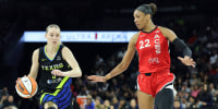 LAS VEGAS, NEVADA - AUGUST 17: Paige Bueckers #5 of the Dallas Wings drives against A'ja Wilson #22 of the Las Vegas Aces in the third quarter of their game at Michelob ULTRA Arena on August 17, 2025 in Las Vegas, Nevada. The Aces defeated the Wings 106-87. NOTE TO USER: User expressly acknowledges and agrees that, by downloading and or using this photograph, User is consenting to the terms and conditions of the Getty Images License Agreement. (Photo by Ethan Miller/Getty Images)