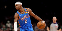 BOSTON, MASSACHUSETTS - MARCH 25: Shai Gilgeous-Alexander \#2 of the Oklahoma City Thunder dribbles against the Boston Celtics during the second half at TD Garden on March 25, 2026 in Boston, Massachusetts. The Celtics defeat the Thunder 119-109. NOTE TO USER: User expressly acknowledges and agrees that, by downloading and/or using this Photograph, user is consenting to the terms and conditions of the Getty Images License Agreement. (Photo by Maddie Meyer/Getty Images)