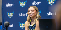 Apr 27, 2026; Arlington, TX, USA; Dallas Wings guard Paige Bueckers (5) speaks to the media during the 2026 Dallas Wings media day at College Park Center. Mandatory Credit: Jerome Miron-Imagn Images