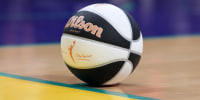 Jun 17, 2025; Los Angeles, California, USA; A Wilson official WNBA Evo NXT basketball with the Commissioner's Cup logo during the game between the Seattle Storm and the LA Sparks at Crypto.com Arena. Mandatory Credit: Kirby Lee-Imagn Images