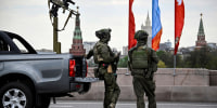 Russian FSO officers patrol central Moscow on May 5, 2026, ahead of the Victory Day military parade.