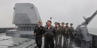 Image: North Korea's leader Kim Jong Un visits the destroyer Choe Hyon to review its maneuverability off North Korea's west coast, May 7, 2026. Independent journalists were not given access to cover the event depicted in this image distributed by the North Korean government.