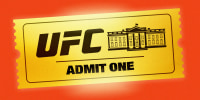 A shiny, golden ticket that shows the UFC and White House logos with "ADMIT ONE" written on it.