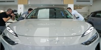 BYC electric vehicles at a showroom in Beijing this week.