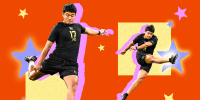 An illustration depicting Kansei Matsuzawa kicking a football on an orange background surrounded by stars
