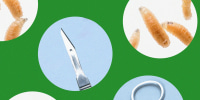 Photo illustrations of maggots alongside surgical equipment
