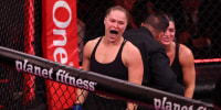 Mixed Martial Arts (MMA) fighter Ronda Rousey reacts after defeating Gina Carano during their Featherweight Bout at the Intuit Dome in Inglewood, California, on May 16, 2026.
