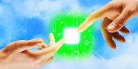 Two hands reach out, in the style of "The Creation of Adam," against a blue sky. A glowing green computer chip hovers between the fingers.