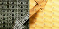 Photo illustration of cash and credit cards with a diagonal arrow 