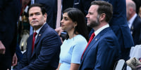 US Secretary of State Marco Rubio, US Second Lady Usha Vance and US Vice President JD Vance attend an arrival ceremony for the British King and Queen on the South Lawn of the White House in Washington, DC, on April 28, 2026. 