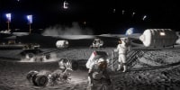 Image: Artist’s rendering depicting astronauts, habitats, rovers, power systems, and cargo operations supporting sustained human activities at the Moon Base near the lunar South Pole.
