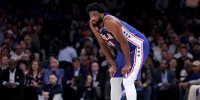 May 4, 2026; New York, New York, USA; Philadelphia 76ers center Joel Embiid (21) reacts during the first quarter of game one of the eastern conference semifinal round of the 2026 NBA Playoffs against the New York Knicks at Madison Square Garden. Mandatory Credit: Brad Penner-Imagn Images