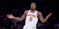 May 4, 2026; New York, New York, USA; New York Knicks forward OG Anunoby (8) reacts after a three point shot during the first quarter of game one of the eastern conference semifinal round of the 2026 NBA Playoffs against the Philadelphia 76ers at Madison Square Garden. Mandatory Credit: Brad Penner-Imagn Images