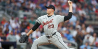 Apr 29, 2026; Atlanta, Georgia, USA; Detroit Tigers starting pitcher Tarik Skubal (29) throws against the Atlanta Braves in the second inning at Truist Park. Mandatory Credit: Brett Davis-Imagn Images