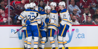 May 16, 2026; Montreal, Quebec, CAN; Buffalo Sabres center Konsta Helenius (94) celebrates with his teammates his goal against the Montreal Canadiens during the second period in game six of the second round of the 2026 Stanley Cup Playoffs at Bell Centre. Mandatory Credit: David Kirouac-Imagn Images