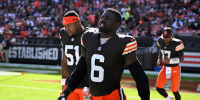 CLEVELAND, OHIO - OCTOBER 27: Jeremiah Owusu-Koramoah #6 of the Cleveland Browns walks onto the field at halftime against the Baltimore Ravens at Huntington Bank Field on October 27, 2024 in Cleveland, Ohio. (Photo by Nick Cammett/Diamond Images via Getty Images)