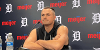Detroit Tigers left-hander Tarik Skubal talks to reporters before a game against the Boston Red Sox on May 4, 2026, at Comerica Park in Detroit, Michigan.