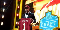 PITTSBURGH, PENNSYLVANIA - APRIL 23: Sonny Styles of Ohio State celebrates after being selected seventh overall pick by the Washington Commanders during Round One of the 2026 NFL Draft at Acrisure Stadium on April 23, 2026 in Pittsburgh, Pennsylvania. (Photo by Emilee Chinn/Getty Images)