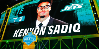 PITTSBURGH, PENNSYLVANIA - APRIL 23: A screen shows Kenyon Sadiq of Oregon after being selected 16th overall by the New York Jets during Round One of the 2026 NFL Draft at Acrisure Stadium on April 23, 2026 in Pittsburgh, Pennsylvania. (Photo by Lauren Leigh Bacho/Getty Images)