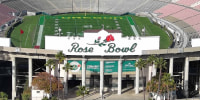 PASADENA, CALIFORNIA - JANUARY 03: A general overall aerial view of the Rose Bowl Stadium facade on January 3, 2025 in Pasadena, California. (Photo by Kirby Lee/Getty Images)