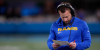 Jan 10, 2026; Charlotte, NC, USA; Los Angeles Rams head coach Sean McVay in the first half during the NFC Wild Card Round game at Bank of America Stadium. Mandatory Credit: Jim Dedmon-Imagn Images