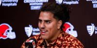 Apr 24, 2026; Berea, OH, USA; Cleveland Browns first round draft pick Spencer Fano talks to the media during an introductory press conference at CrossCountry Mortgage Campus. Mandatory Credit: Ken Blaze-Imagn Images