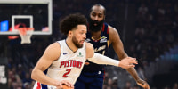 May 15, 2026; Cleveland, Ohio, USA; Detroit Pistons guard Cade Cunningham (2) drives to the basket against Cleveland Cavaliers guard James Harden (1) during the second half in game six of the second round of the 2026 NBA Playoffs at Rocket Arena. Mandatory Credit: Ken Blaze-Imagn Images