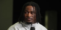 Jan 17, 2026; Miami Beach, Florida, USA; Indiana Hoosiers running back Kaelon Black on the Big Ten Network stage during media day for the 2025 College Football Playoff National Championship at Miami Beach Convention Center. Mandatory Credit: Kirby Lee-Imagn Images