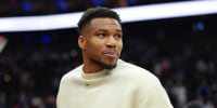 Apr 12, 2026; Philadelphia, Pennsylvania, USA; Milwaukee Bucks forward Giannis Antetokounmpo looks on after the game against the Philadelphia 76ers at Xfinity Mobile Arena. Mandatory Credit: Kyle Ross-Imagn Images