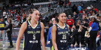 INDIANAPOLIS, IN - APRIL 30: Paige Bueckers #5 and Azzi Fudd #35 of the Dallas Wings look on after the game against the Indiana Fever during a 2026 preseason game on April 30, 2026 at Gainbridge Fieldhouse in Indianapolis, Indiana. NOTE TO USER: User expressly acknowledges and agrees that, by downloading and or using this Photograph, user is consenting to the terms and conditions of the Getty Images License Agreement. Mandatory Copyright Notice: Copyright 2026 NBAE (Photo by Jeff Haynes/NBAE via Getty Images)