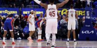 May 13, 2026; Detroit, Michigan, USA; Cleveland Cavaliers guard Donovan Mitchell (45) celebrates in overtime against the Detroit Pistons during game five of the second round of the 2026 NBA Playoffs at Little Caesars Arena. Mandatory Credit: Rick Osentoski-Imagn Images
