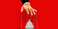 Photo illustration of a hand holding puppet strings above U.S. Capitol 