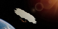 A rendering of Star Catcher’s Power Node, which uses lenses to collect and concentrate sunlight in Earth orbit. A refined beam is then transmitted to client satellites when and where they need it. 