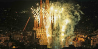 Fireworks engulf Antoni Gaudí's Basilica of the Sagrada Família after Pope Leo XIV blessed the newly completed central Tower of Jesus Christ in Barcelona, Spain, Wednesday, June 10, 2026. 