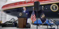 President Donald Trump delivers remarks after touring the newest aircraft in the presidential fleet at Andrews Air Force Base on June 19, 2026.