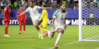 Amine Gouiri, No. 9 of Algeria, celebrates scoring his team's second goal during the World Cup 2026 Group J match between Jordan and Algeria at San Francisco Bay Area Stadium on June 22, 2026 in Santa Clara, California.
