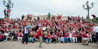 Norwegian supporters celebrate in front of the Royal Palace in Oslo on June 23, 2026, after Norway's victory in the World Cup against Senegal.