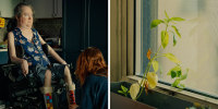 A split composite image of Rebecca Anger having her legs and feet fastened into a wheelchair, and a plant by a windowsill