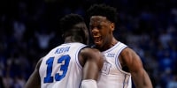 Mar 7, 2026; Provo, Utah, USA; BYU Cougars forward AJ Dybantsa (3) and forward Keba Keita (13) reacts during the second half against the Texas Tech Red Raiders at Marriott Center. Mandatory Credit: Aaron Baker-Imagn Images