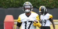 Jun 9, 2026; Pittsburgh, PA, USA; Pittsburgh Steelers wide receiver Germie Bernard (17) participates in drills during Minicamp at UPMC Rooney Sports Complex. Mandatory Credit: Charles LeClaire-Imagn Images