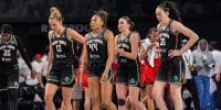 Jun 11, 2026; College Park, Georgia, USA; New York Liberty players react after defeating the Atlanta Dream at Gateway Center Arena at College Park. Mandatory Credit: Dale Zanine-Imagn Images